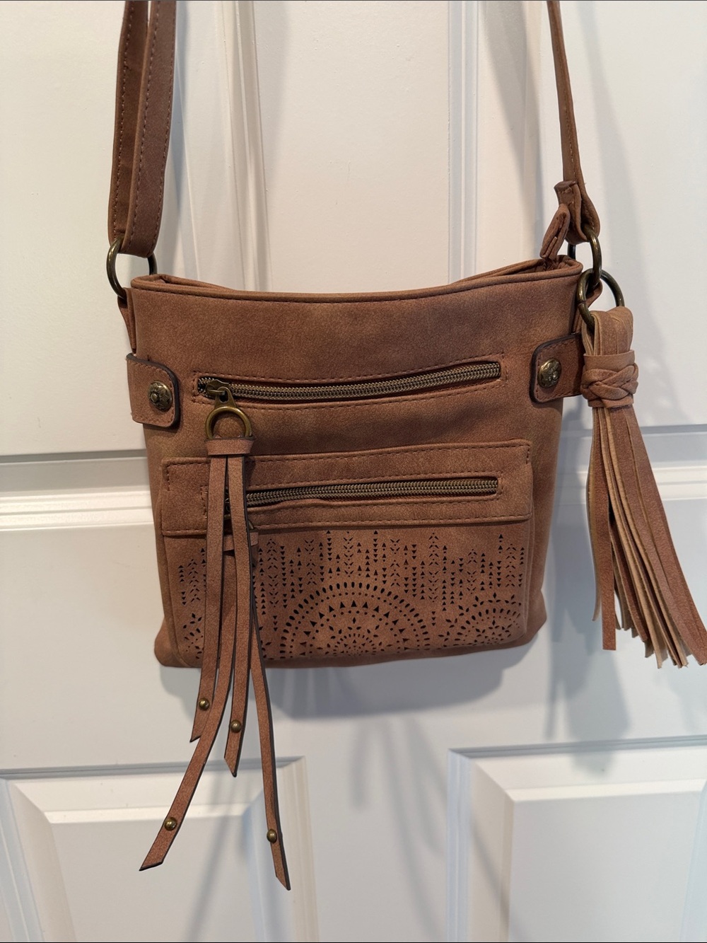 Women's Brown Crossbody Bag with Tassel & Laser-Cut Accent